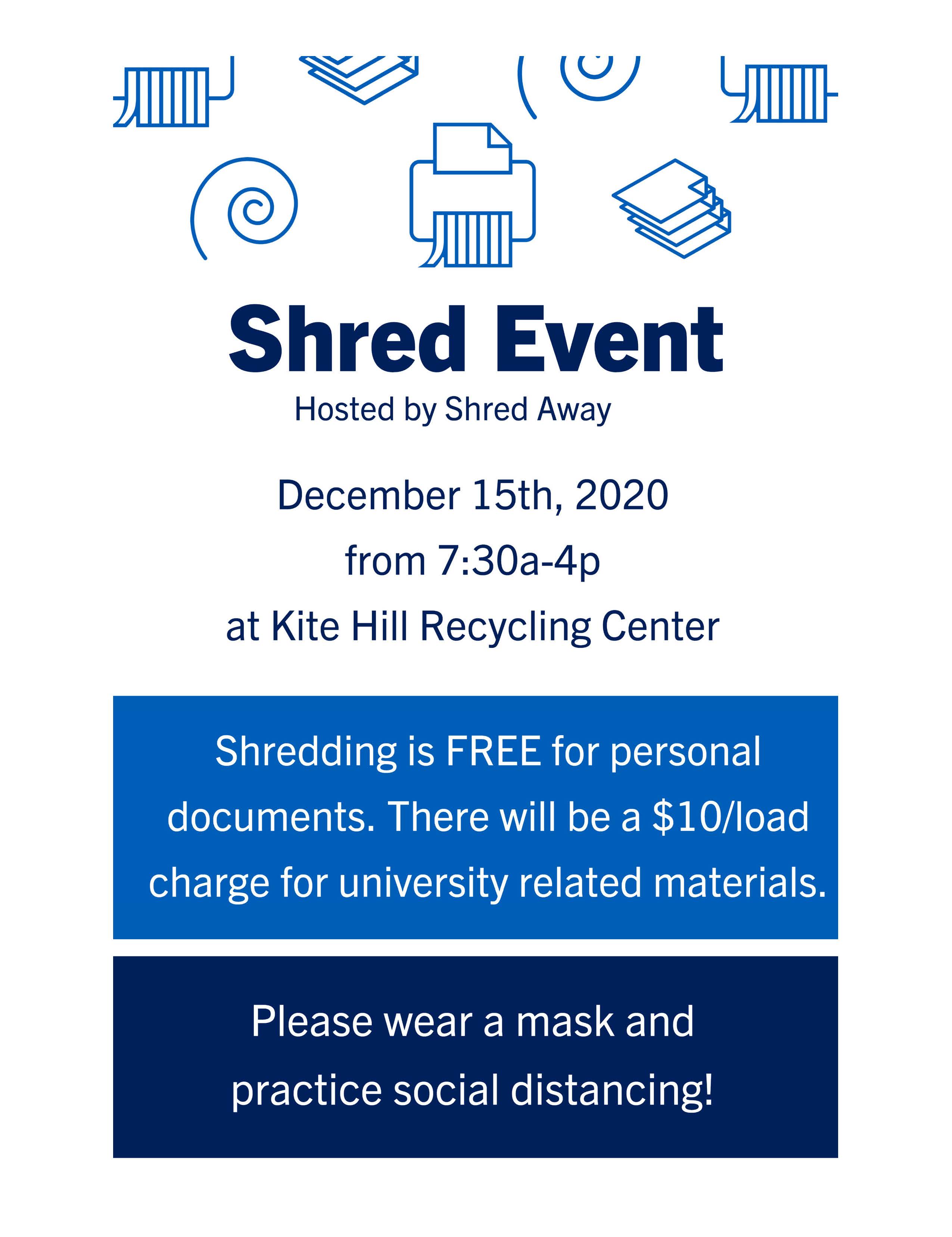 12-15-2020 7:30am to 4pm Shred Event at Kite Hill Recycling Center